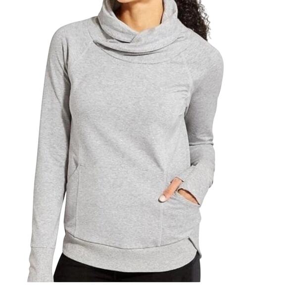Athleta Gray French Terry Track Pullover Slouchy Cowl Neck Sweatshirt Size L - Picture 1 of 12